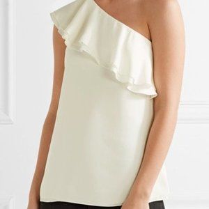 Theory Damarill Ivory One Shoulder Ruffle Silk Top